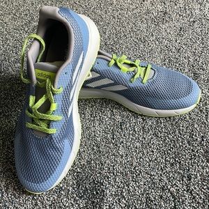 NWT Adidas blue, white, and neon green sneakers, women size 10.